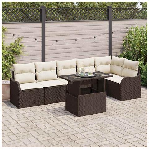 Set di divani da giardino 7 Pezzi  con cuscini Marrone Polyrattan, Divano da giardino 2-Persone  con cuscini Marrone Polyrattan - Foto 2
