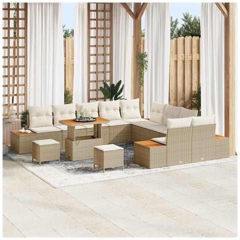 Set di Divano da Giardino da 13 Pezzi con Cuscini Beige Polyrattan Acacia,  Set di Pranzo da Giardino da 3 Pezzi con Cuscini Beige Polyrattan Acacia - Foto 2