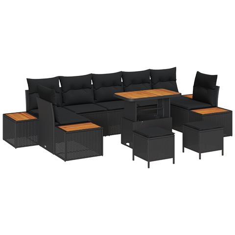 Set Divano da Giardino  10 Pezzi con Cuscini in Polyrattan Nero Acacia, Set di Pranzo da Giardino  3 Pezzi con Cuscini in Polyrattan Nero Acacia - Foto 1