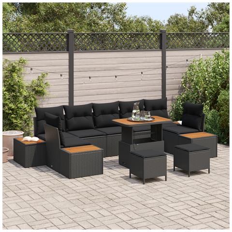 Set Divano da Giardino  10 Pezzi con Cuscini in Polyrattan Nero Acacia, Set di Pranzo da Giardino  3 Pezzi con Cuscini in Polyrattan Nero Acacia - Foto 2