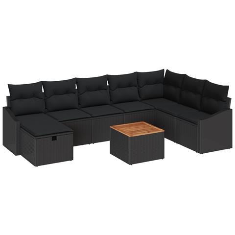 Set Divano da Giardino 9 Pezzi con Cuscini Nero in Polyrattan - Foto 1
