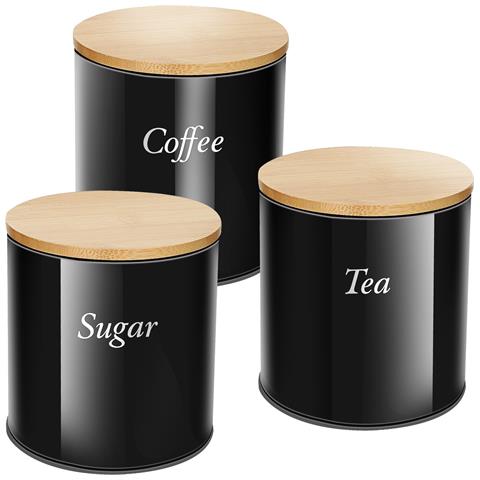 Insieme 3 Scatole In Acciaio Inox Con Coperchio In Bambù Per Caffè, Zucchero E Tè, Noir / Marron - Foto 1