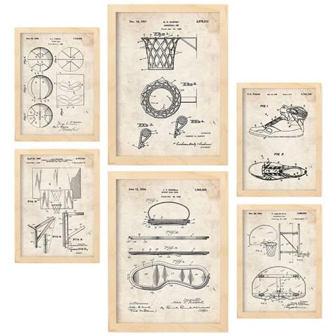 Set Di 6 Stampe Poster Con Brevetti Di Basket Poster Con Immagini Di Brevetti Retrò Design D'interni In Stile Vintage A3 & A4 Telaio In Legno Chiaro - Foto 1