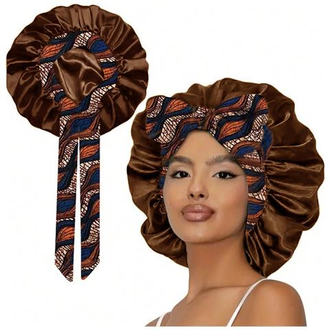 Cuffia Da Notte In Raso Con Stampa Floreale, Tesa Larga E Nastri - Bonnet Extra Large Coffee - Foto 4