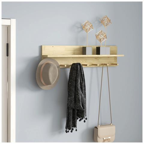 Mensola Da Parete In Legno Di Abete Con 7 Ganci Per Ingresso E Soggiorno, 80x12x20 Cm - Foto 2