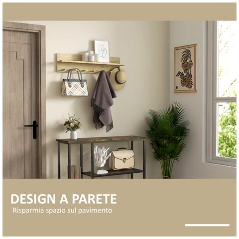 Mensola Da Parete In Legno Di Abete Con 7 Ganci Per Ingresso E Soggiorno, 80x12x20 Cm - Foto 6