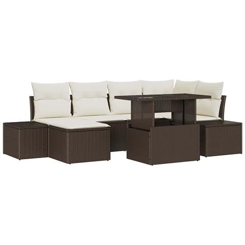 Set da giardino 7 pezzi con cuscini in polyrattan marrone - Foto 1