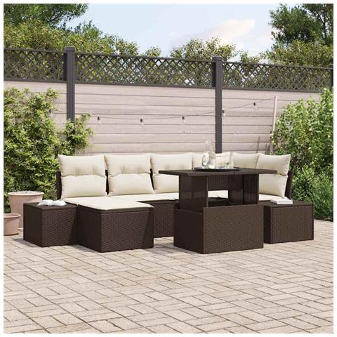 Set da giardino 7 pezzi con cuscini in polyrattan marrone - Foto 2