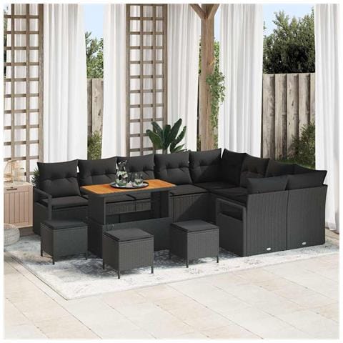 Set di Divani da Giardino  13 Pezzi con Cuscini Nero Polyrattan Acacia, Set di Mobili da Giardino  4 Pezzi con Cuscini Nero Polyrattan Acacia, Divano da Giardino a Due Posti  con Cuscini Nero Polyrattan - Foto 2