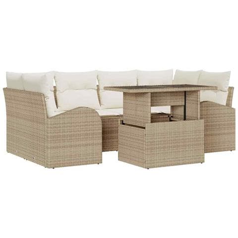Set di divani da giardino 7 pezzi con cuscini beige in polirattan - Foto 1