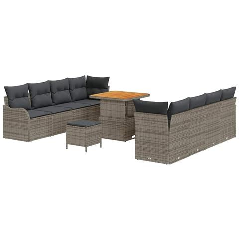 Set di divani da giardino da 11 pezzi con cuscini grigi in rattan poli e acacia,  Divano da giardino per 2 persone con cuscini grigi in rattan poli,  Set da pranzo da giardino da 3 pezzi con cuscini grigi in rattan poli e acacia - Foto 1