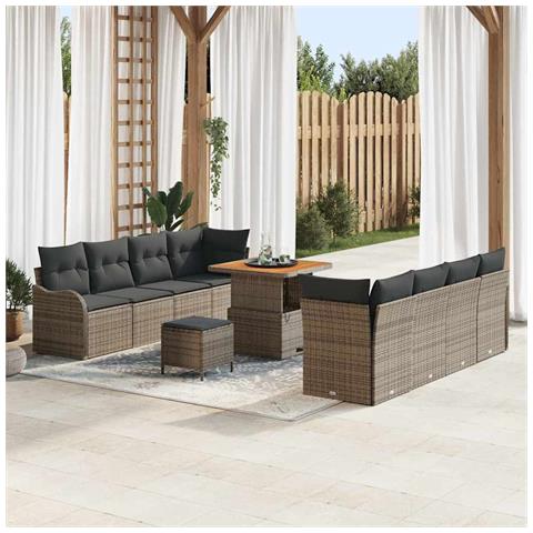 Set di divani da giardino da 11 pezzi con cuscini grigi in rattan poli e acacia,  Divano da giardino per 2 persone con cuscini grigi in rattan poli,  Set da pranzo da giardino da 3 pezzi con cuscini grigi in rattan poli e acacia - Foto 2