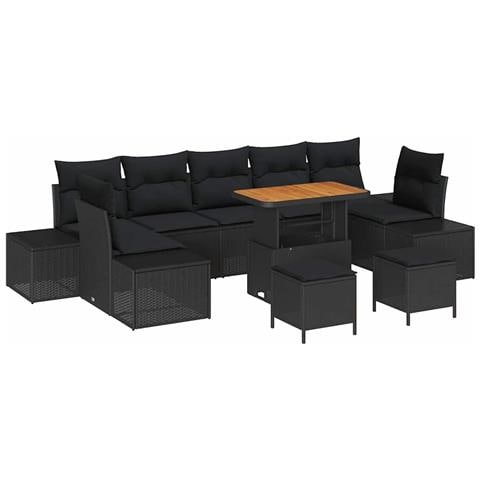 Set Divano da Giardino 10 Pezzi con Cuscini in Rattan Nero e Acacia, Divano da Giardino 2 Posti con Cuscini in Rattan Nero, Set da Pranzo per Giardino 3 Pezzi con Cuscini in Rattan Nero e Acacia - Foto 1