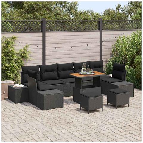Set Divano da Giardino 10 Pezzi con Cuscini in Rattan Nero e Acacia, Divano da Giardino 2 Posti con Cuscini in Rattan Nero, Set da Pranzo per Giardino 3 Pezzi con Cuscini in Rattan Nero e Acacia - Foto 2