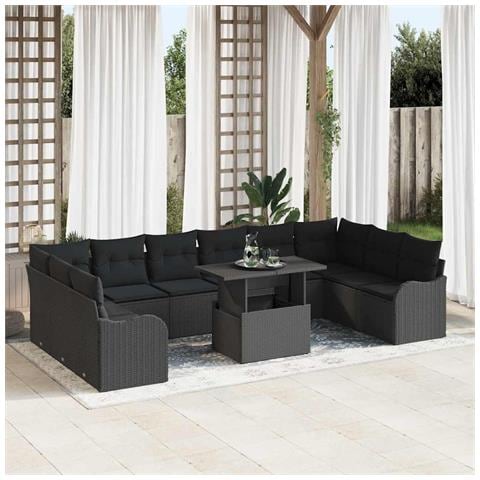 Set Sofà Giardino con Cuscini  11 Pezzi Nero Polyrattan, Sofà Giardino 2 Posti con Ripostiglio e Cuscini  Nero Polyrattan - Foto 2