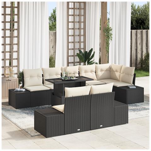 Set di divani da giardino 9 pezzi con cuscini in polirattan nero - Foto 2