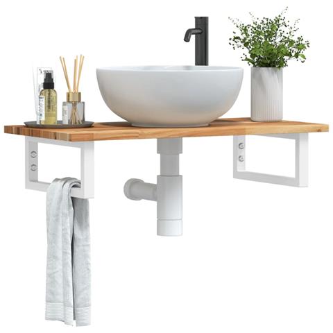 Ripiano A Parete Per Lavabo In Acciaio E Massello Di Acacia - Foto 8