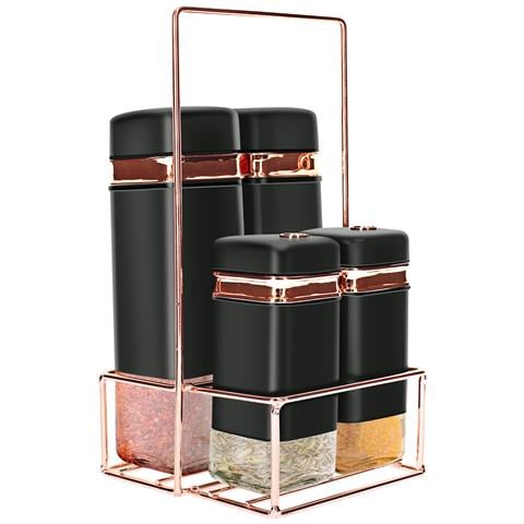 Insieme 4 Vasi Per Condimenti Con Elegante Supporto In Metallo Solido, Nero - Foto 1