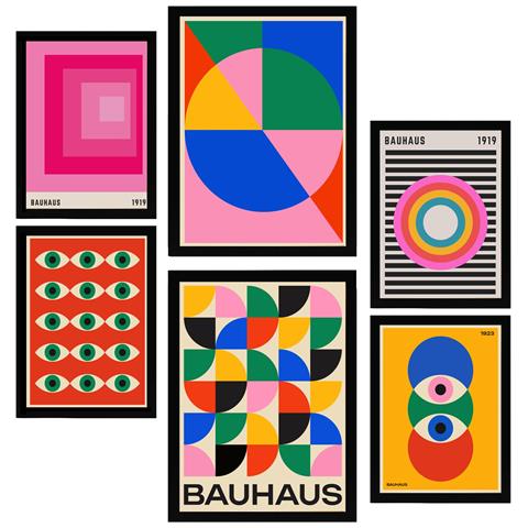 Set Di 6 Stampe Pittura Decorativa Bauhaus – Forme Geometriche In Colori Vivaci Incorniciate Con Illustrazioni A3 & A4 Cornice Nera - Foto 1