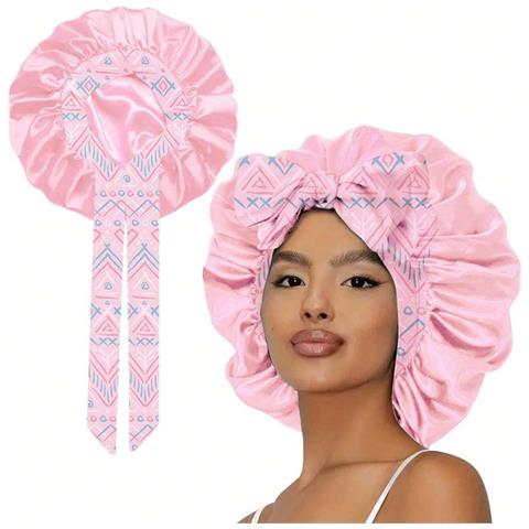 Cuffia Da Notte In Raso Con Stampa Floreale, Tesa Larga E Nastri - Bonnet Extra Large Pink - Foto 4