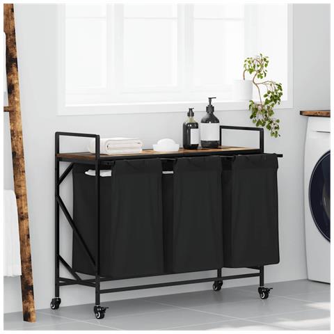 Cesto della Biancheria 3 Scomparti con Ruote Rovere Fumo - Foto 2