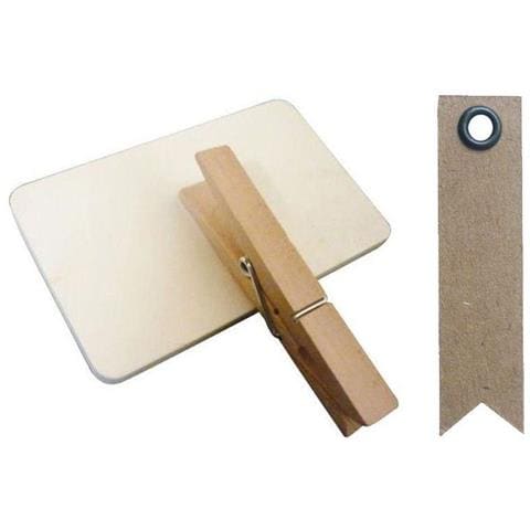 6 Mollette Di Legno Con Ardesia 9 Cm + 20 Etichette Kraft Con Gagliardetto - Foto 1