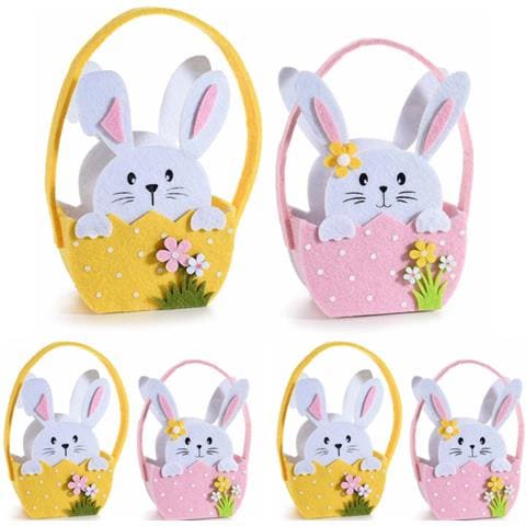 6 Cestini Pasquali Porta Dolci In Feltro E Pelliccia Sintetica A Forma Di Coniglietti Con Manici Idea Regalo Bambini - Foto 1