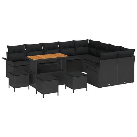 Set di divani da giardino  13 pezzi con cuscini rattan nero acacia, Set da pranzo da giardino  4 pezzi con cuscini rattan nero acacia, Divano da giardino a due posti  con cuscini rattan nero - Foto 1