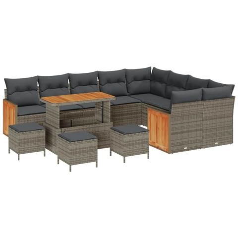 Set di divano da giardino da 13 pezzi con cuscini in rattan grigio e acacia,  Set di dining da giardino da 4 pezzi con cuscini in rattan grigio e acacia,  Divano da giardino da 2 posti con cuscini in rattan grigio - Foto 1