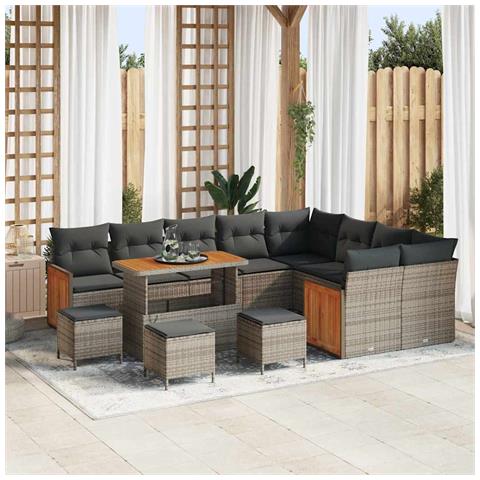 Set di divano da giardino da 13 pezzi con cuscini in rattan grigio e acacia,  Set di dining da giardino da 4 pezzi con cuscini in rattan grigio e acacia,  Divano da giardino da 2 posti con cuscini in rattan grigio - Foto 2