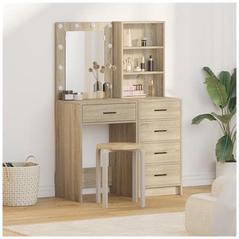 Set di 2 pezzi per toeletta con LED in legno ingegnerizzato di rovere Sonoma - Foto 2