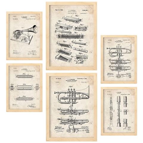 Set Di 6 Stampe Con Brevetti Di Strumenti A Fiato Poster Con Immagini Di Brevetti Retrò Design D'interni In Stile Vintage A3 & A4 Telaio In Legno Chiaro - Foto 1
