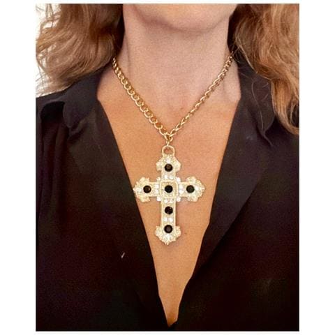 Collana A Croce Con Cristalli Neri Sw E Cristallo Su Oro - Foto 2