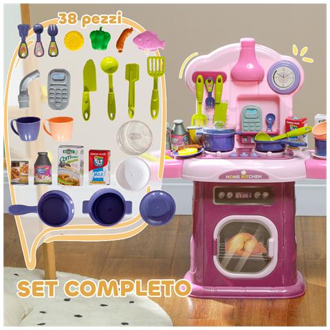 Cucina Giocattolo per Bambini 3-6 Anni con 38 Accessori e Suoni Realistici, in PP e ABS, 51x21x60 cm, Rosa - Foto 2