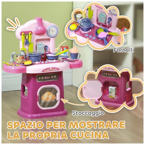 Cucina Giocattolo per Bambini 3-6 Anni con 38 Accessori e Suoni Realistici, in PP e ABS, 51x21x60 cm, Rosa - Foto 6
