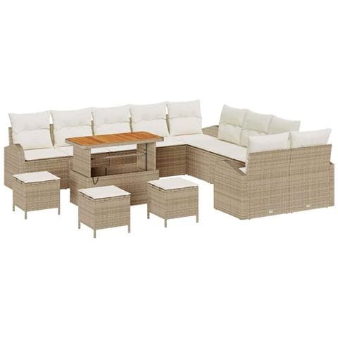 Set di Divani da Giardino  14 Pezzi con Cuscini Beige in Rattan Sintetico e Acacia, Divano da Giardino  2 Posti con Cuscini Beige in Rattan Sintetico, Set da Pranzo da Giardino  4 Pezzi con Cuscini Beige in Rattan Sintetico e Acacia - Foto 1