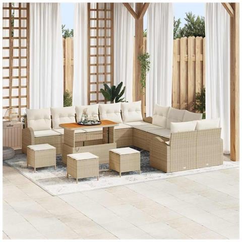Set di Divani da Giardino  14 Pezzi con Cuscini Beige in Rattan Sintetico e Acacia, Divano da Giardino  2 Posti con Cuscini Beige in Rattan Sintetico, Set da Pranzo da Giardino  4 Pezzi con Cuscini Beige in Rattan Sintetico e Acacia - Foto 2