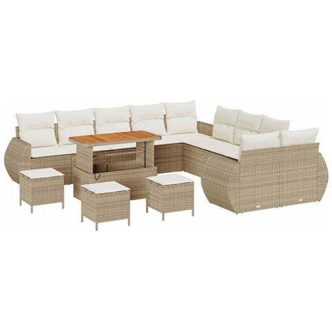 Set di divano da giardino da 14 pezzi con cuscini Beige Polyrattan Acacia,  Set da pranzo da giardino da 4 pezzi con cuscini Beige Polyrattan Acacia - Foto 1