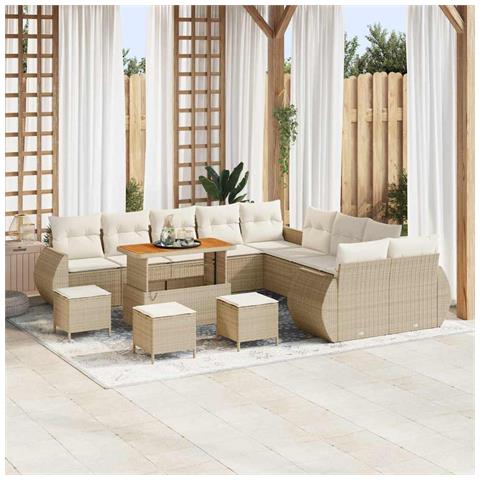 Set di divano da giardino da 14 pezzi con cuscini Beige Polyrattan Acacia,  Set da pranzo da giardino da 4 pezzi con cuscini Beige Polyrattan Acacia - Foto 2