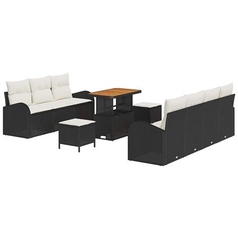 Set Divano da Giardino  10 Pezzi con Cuscini Nero Polyrattan Acacia, Divano da Giardino  2 Posti con Contenitore e Cuscini Nero Polyrattan, Set da Pranzo Giardino  3 Pezzi con Cuscini Nero Polyrattan Acacia - Foto 1