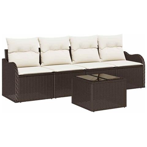 Set Divano da Giardino 5 Pezzi con Cuscini Marrone Polyrattan, Divano da Giardino 2 Posti con Spazio di Stoccaggio e Cuscini Marrone Polyrattan - Foto 1