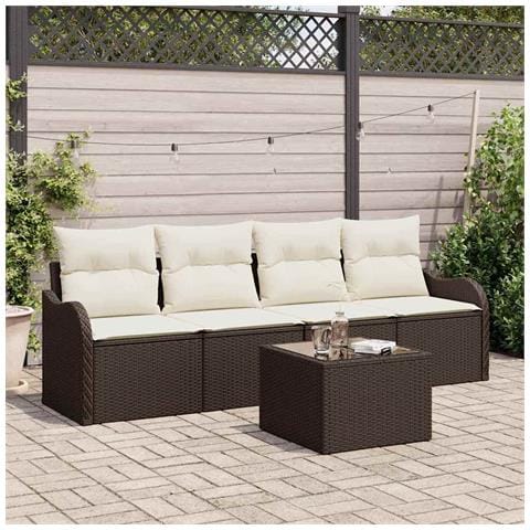 Set Divano da Giardino 5 Pezzi con Cuscini Marrone Polyrattan, Divano da Giardino 2 Posti con Spazio di Stoccaggio e Cuscini Marrone Polyrattan - Foto 2