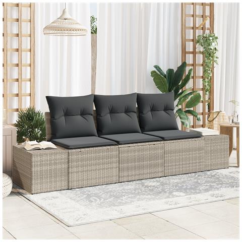 Set divani giardino a 3 pezzi con cuscini grigio chiaro polyrattan - Foto 2