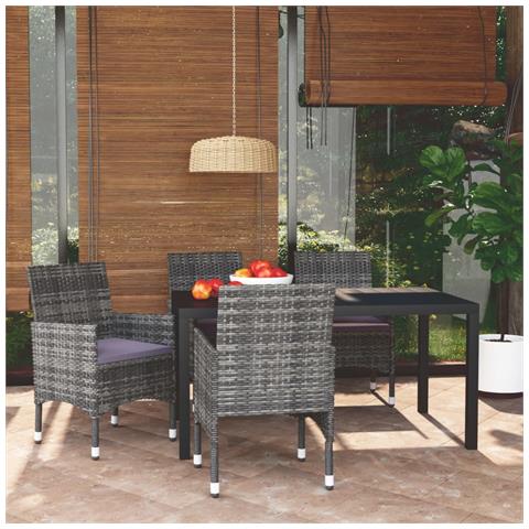 Set da Pranzo per Giardino 5 pz con Cuscini Polyrattan Grigio - Foto 2
