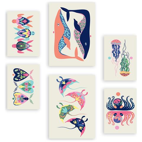 Set Di 6 Stampe Creature Acquatiche In Animali Astratti Dipinti Decorativi Estetici Per Il Tuo Soggiorno, Camera Da Letto, Casa A3 & A4 Senza Cornice - Foto 1