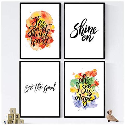 Set Di 4 Stampe Di Fogli Con Messaggi Felici E Colorati. Confezione Di Stagioni Di Poster Dell'anno '. Cornice Nera A4 - Foto 1