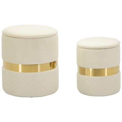 Set 2 Pouf Contenitore Sheffield In Velluto Crema Con Fascia Dorata Ø37x42 E Ø28x35 Cm - Foto 1