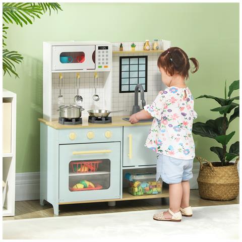 Cucina Giocattolo per Bambini con Fornelli e Armadietti, in Acciaio, Legno e PP, 72x33x85.2 cm, Blu e Bianco - Foto 2