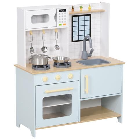 Cucina Giocattolo per Bambini con Fornelli e Armadietti, in Acciaio, Legno e PP, 72x33x85.2 cm, Blu e Bianco - Foto 1
