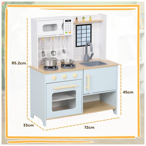 Cucina Giocattolo per Bambini con Fornelli e Armadietti, in Acciaio, Legno e PP, 72x33x85.2 cm, Blu e Bianco - Foto 6